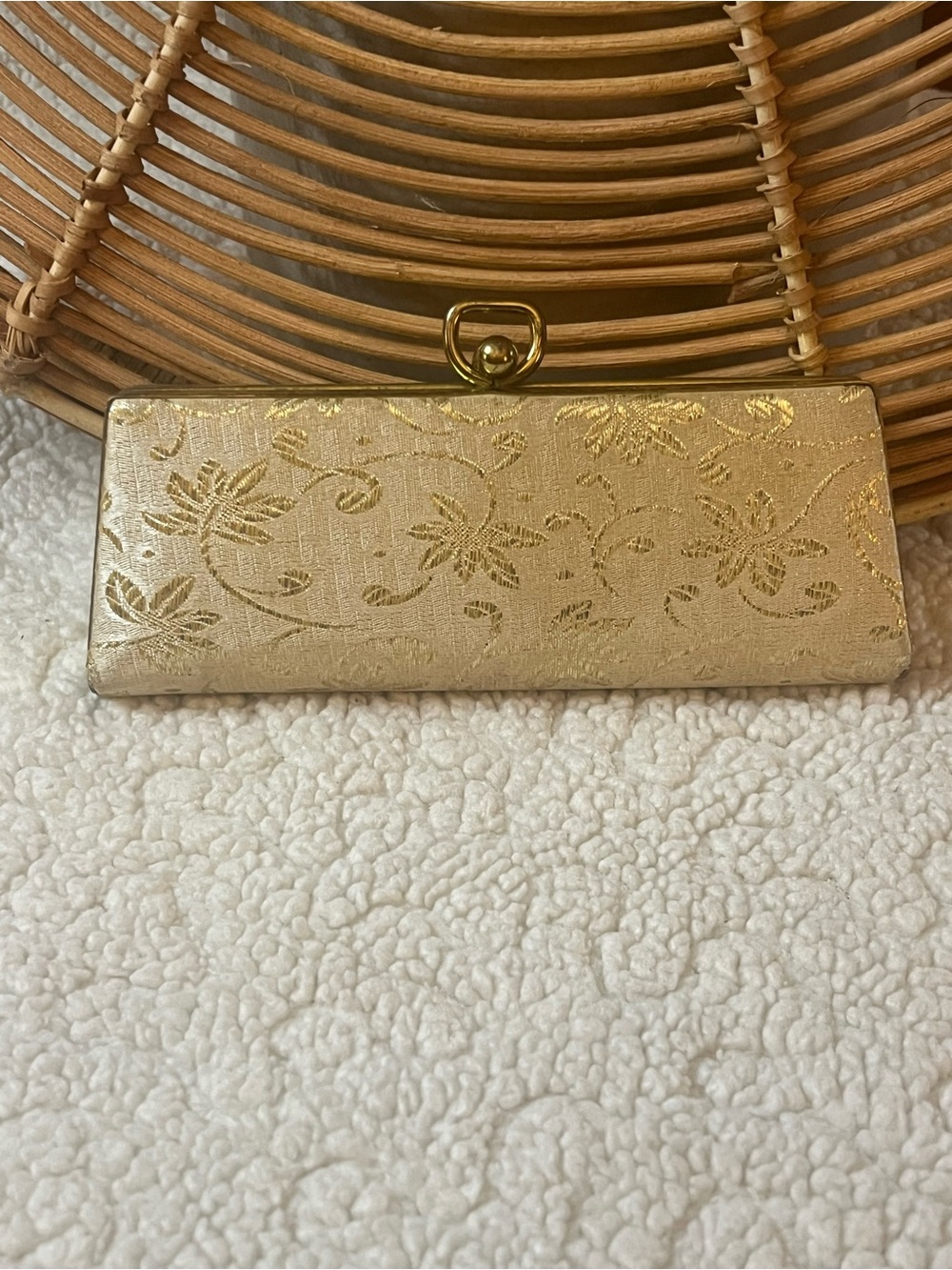 Vintage Gold Brocade Eyeglass Case Floral Metallic Hard Shell Glasses Holder